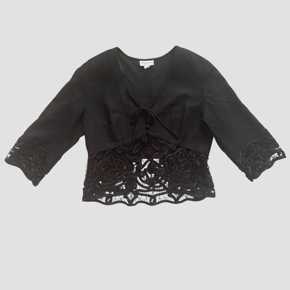Talbots Black Linen Lace Crochet Hem Tie Front Top 14 Whimsigoth Goth Coquette